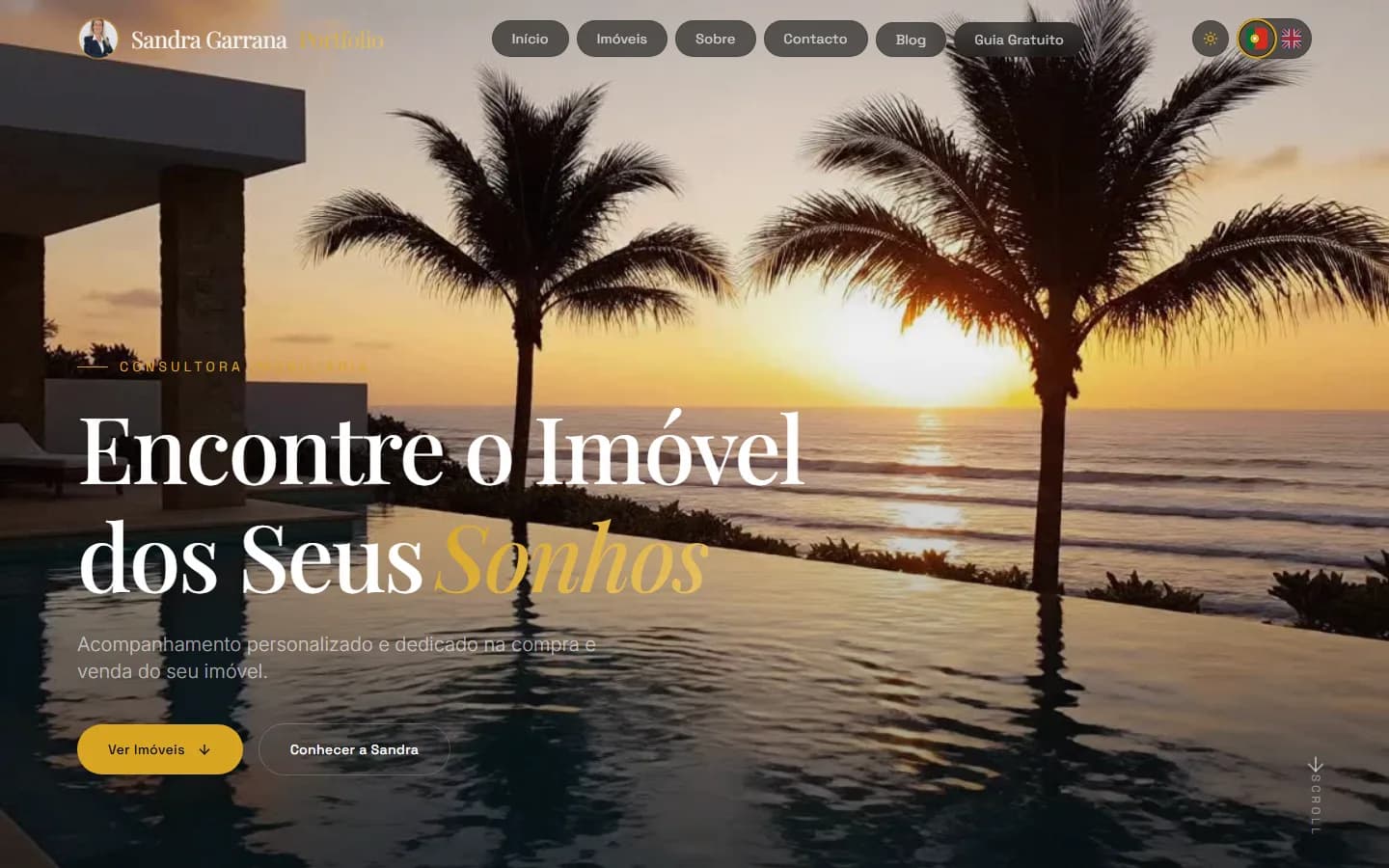 Página inicial do website sandragarrana.com, consultora imobiliária no Algarve.