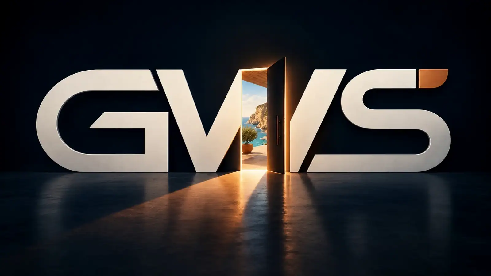 Logótipo GWS em letras gigantes; a porta do W está entreaberta e deixa ver um terraço no Algarve ao pôr do sol.